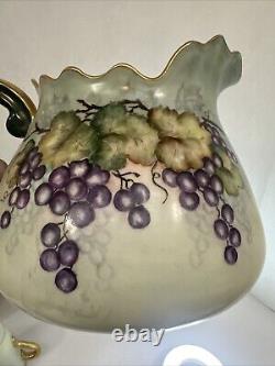 T & V Limoges France Hand-Painted Grape & Leaf Pitcher Gold Green Handle 3 Cups