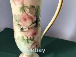 T&V Limoges Hand Painted EWER / PITCHER Pink Roses Signed E. MILER Exquisite 12