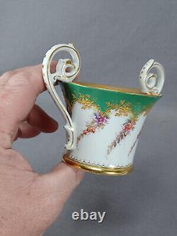 T&V Limoges Hand Painted Floral Green & Raised Gold Chocolate Cup & Saucer A