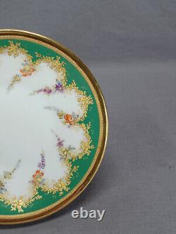 T&V Limoges Hand Painted Floral Green & Raised Gold Chocolate Cup & Saucer A