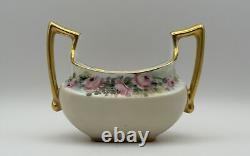 T&V Limoges Hand-Painted Floral Sugar Bowl with Gold Handles by Artist Wieckert