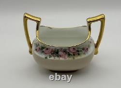 T&V Limoges Hand-Painted Floral Sugar Bowl with Gold Handles by Artist Wieckert