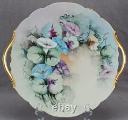 T&V Limoges Hand Painted Pink Blue Purple Morning Glories & Gold Cake Plate