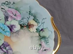 T&V Limoges Hand Painted Pink Blue Purple Morning Glories & Gold Cake Plate