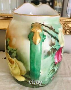 T&V Limoges Hand Painted Pitcher Pink and Yellow Roses 9