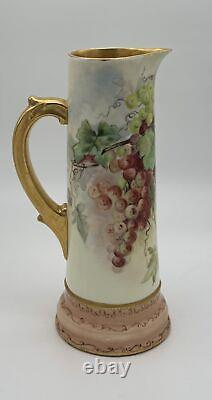 T&V Limoges Hand-Painted Pitcher with Grape Design, Signed by M. A. Swan (1899)
