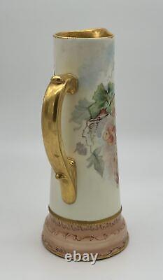 T&V Limoges Hand-Painted Pitcher with Grape Design, Signed by M. A. Swan (1899)