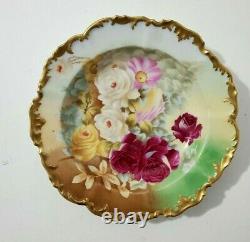 T&V Limoges Hand Painted Shallow Plate/ Bowl, Roses, GOLD TRIM-Signed