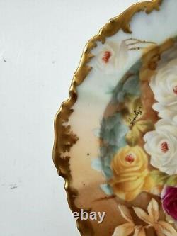 T&V Limoges Hand Painted Shallow Plate/ Bowl, Roses, GOLD TRIM-Signed