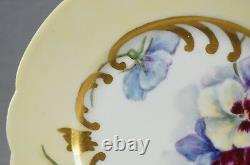 T&V Limoges Hand Painted Signed Ada Lough Yellow Purple Pansies Gold 8 3/8 Plate