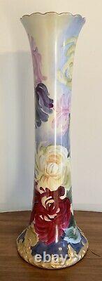 T & V Limoges Hand Painted Vase Floral 16 Tall France Rich Colors Signed