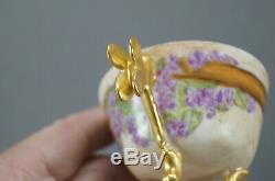 T&V Limoges Hand Painted Violets & Gold Dragonfly Handle Demitasse Cup & Saucer