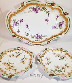 T&V Limoges Souvenir Hand Painted Floral Ice Cream Set w Plates Gold & Copper