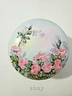 T&V Porcelain Limoges Hand Painted Pink Roses Large Footed Trinket Box 8