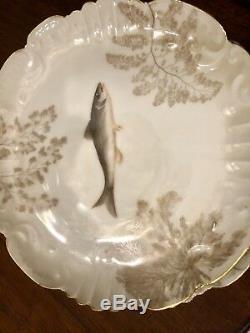 T & V Tressemanes & Vogt Hand Painted Fish Platter with 12 Plates Limoges France