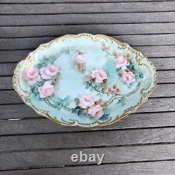 Theodore Haviland Limoges Hand Painted Pink Roses Gold Scrolled Oval Platter
