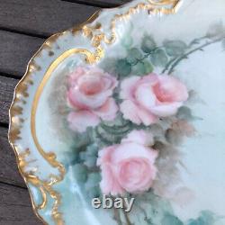 Theodore Haviland Limoges Hand Painted Pink Roses Gold Scrolled Oval Platter