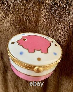 Tiffany & Co Limoges France Pink Pig Gold Gilt Jewelry Box, Signed, Handpainted