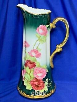 Tresseman & Vogt T&V Limoges China hand painted artist signed large Rose pitcher