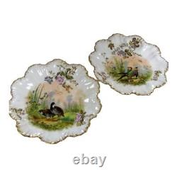 Two 1890s Lanternier Limoges Hand Painted Game Bird Ruffled Edge Cabinet Plates