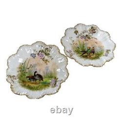 Two 1890s Lanternier Limoges Hand Painted Game Bird Ruffled Edge Cabinet Plates