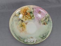 UC Limoges Hand Painted Pink Yellow & Peach Roses & Gold Large Bowl