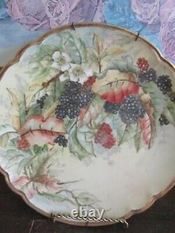 Unmarked Limoges France Hand Painted Charger Cake Plate Blackberry Signed 11
