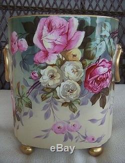 Very Rare! Antique LIMOGES GUERIN Hand painted Roses Vase Cachepot Double marked