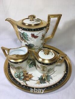 Vienna/T&V Limoges PICKARD DECORATED Arts&Craft Leaf TEA SET withTRAY-Heavy Gold