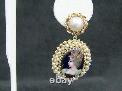 Vintage 14K Gold Limoges Hand Painted Enamel Portrait & Pearls Earrings