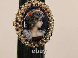 Vintage 14K Ring Limoges Hand Painted Enamel Portrait & Pearls Size 6.75