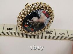 Vintage 14K Ring Limoges Hand Painted Enamel Portrait & Pearls Size 6.75