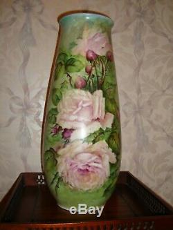Vintage Bavaria Germany Hand Painted Vase, Pink Roses, Very Large 17