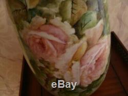 Vintage Bavaria Germany Hand Painted Vase, Pink Roses, Very Large 17
