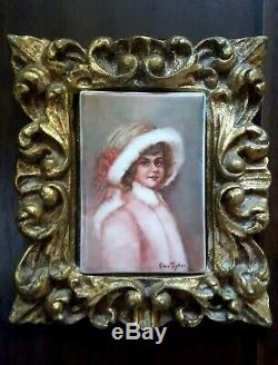 Vintage French Limoges Hand Painted Miniature Portrait On Porcelain Ormolu Frame