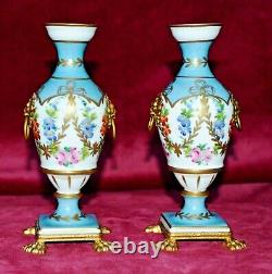 Vintage Giraud Limoges Handpainted Porcelain Gilt Ormolu Pedestal Urn Vases Pair