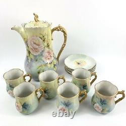 Vintage Hand Painted Chocolate Coffee Pot Set Roses and Butterflies Gold Signed