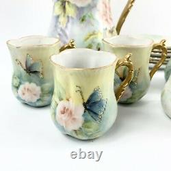 Vintage Hand Painted Chocolate Coffee Pot Set Roses and Butterflies Gold Signed