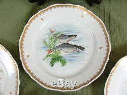 Vintage Hand Painted France Fish Designs Set 4 Dinner Plates & 24 Long Platter