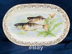 Vintage Hand Painted Limoges Fish Set 12 Plates + Long Platter Made in France