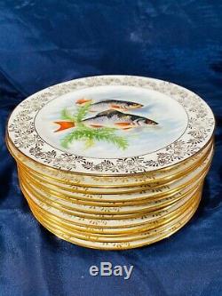 Vintage Hand Painted Limoges Fish Set 12 Plates + Long Platter Made in France