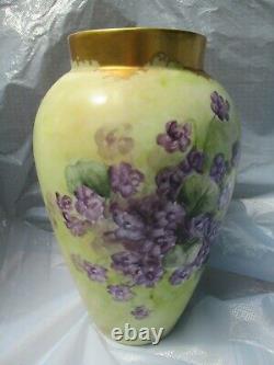 Vintage Limoge Hand Ptd. Porcelain Vase Purple Violets & Gold 9-1/2 x 6 Pre Own