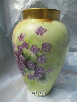 Vintage Limoge Hand Ptd. Porcelain Vase Purple Violets & Gold 9-1/2 x 6 Pre Own