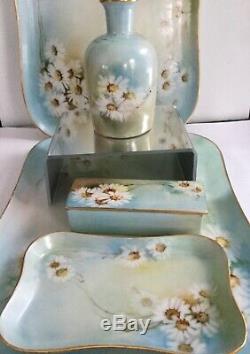 Vintage Limoges France Vanity Set Hand Painted Daisies Porcelain 5 Piece Set