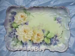 Vintage Limoges Hand Painted Porcelain Violets & Roses Vanity Tray Pre Owned