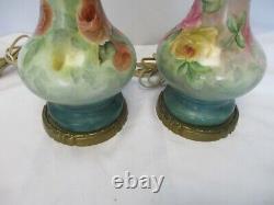 Vintage Limoges Style Lamps Hand Painted & Signed Floral Design Porcelain Pair