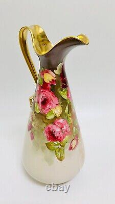 Vintage Limoges hand painted roses Pitcher/Tankard/ Vase, Gold, artist signed