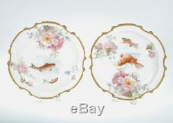 Vintage Pair L. R. L. Limoges France Handpainted Fish Plates With Gilt