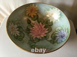 Vintage T. & V. Limoges Large Beautiful Hand-Painted Water Lilies Bowl, Signed
