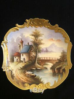 Vintage W. G. & Co Limoges Hand Painted Cabinet Plate Village Scene With Gold Rim